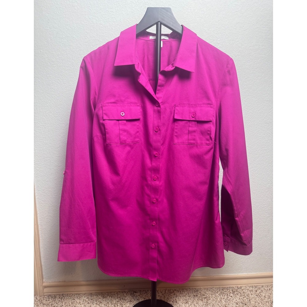 Coldwater Creek No Iron Magenta Pink Cotton Button Down Shirt XL 16 Roll Tab